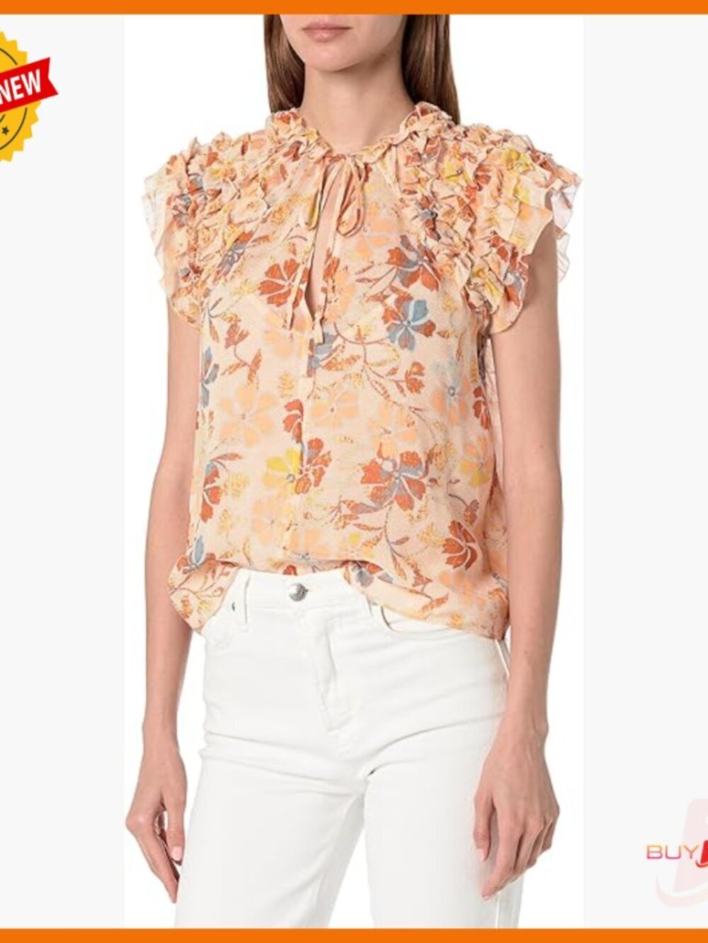 Silk Short Sleeve V-Neck Top with Ruffle Detail Floral Print